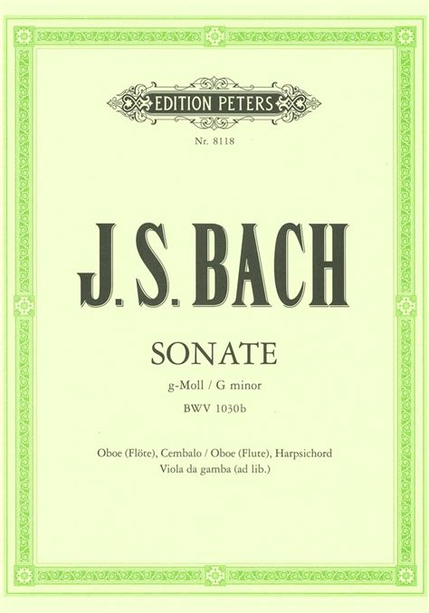  Sonata In G Minor BWV 1030b F. Oboe (Flute) And Harpsichord (Vdg./Cello Ad Lib.) by Johann Sebastian Bach